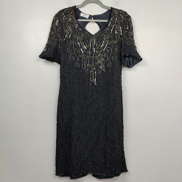Vintage JMC Beaded Silk Dress Womens Medium Black Gold‎ Floral Embellished Shift - Picture 2 of 7